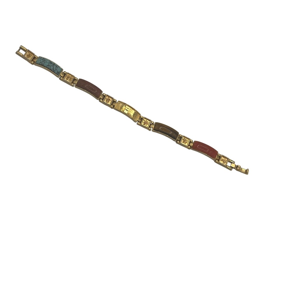 Vintage Gold Tone Multi Stone Link Bracelet Chinese Characters Turquoise Coral